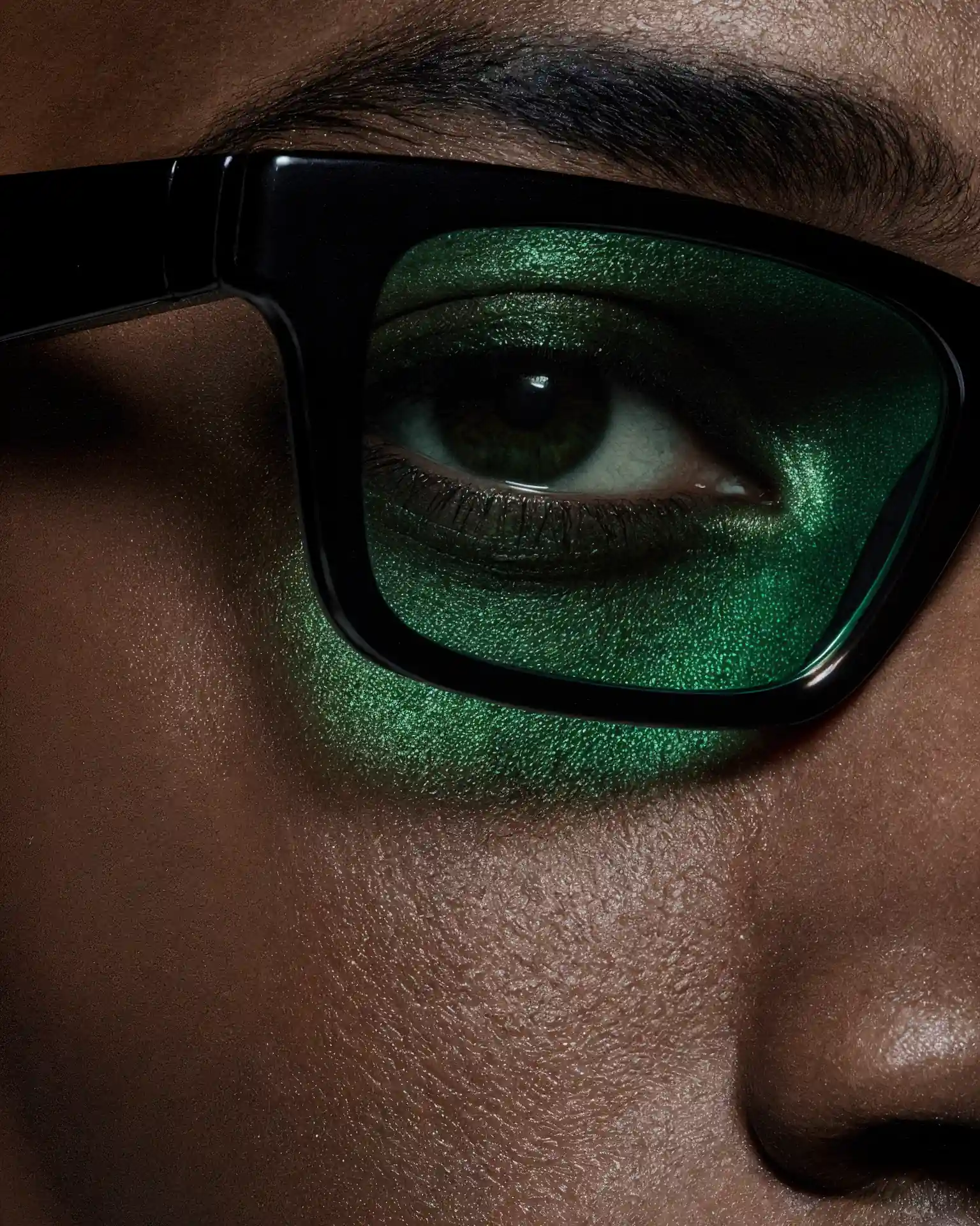 Close-up of an eye behind glasses with green lenses